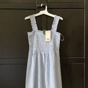 C&A Blue and White Striped Smocked Midi Dress, Size 4